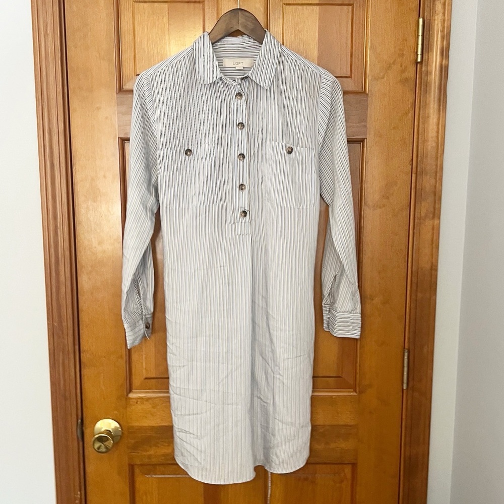 LOFT Striped Shirt Dress Womens Size Medium Blue‎ Long Sleeve Collared